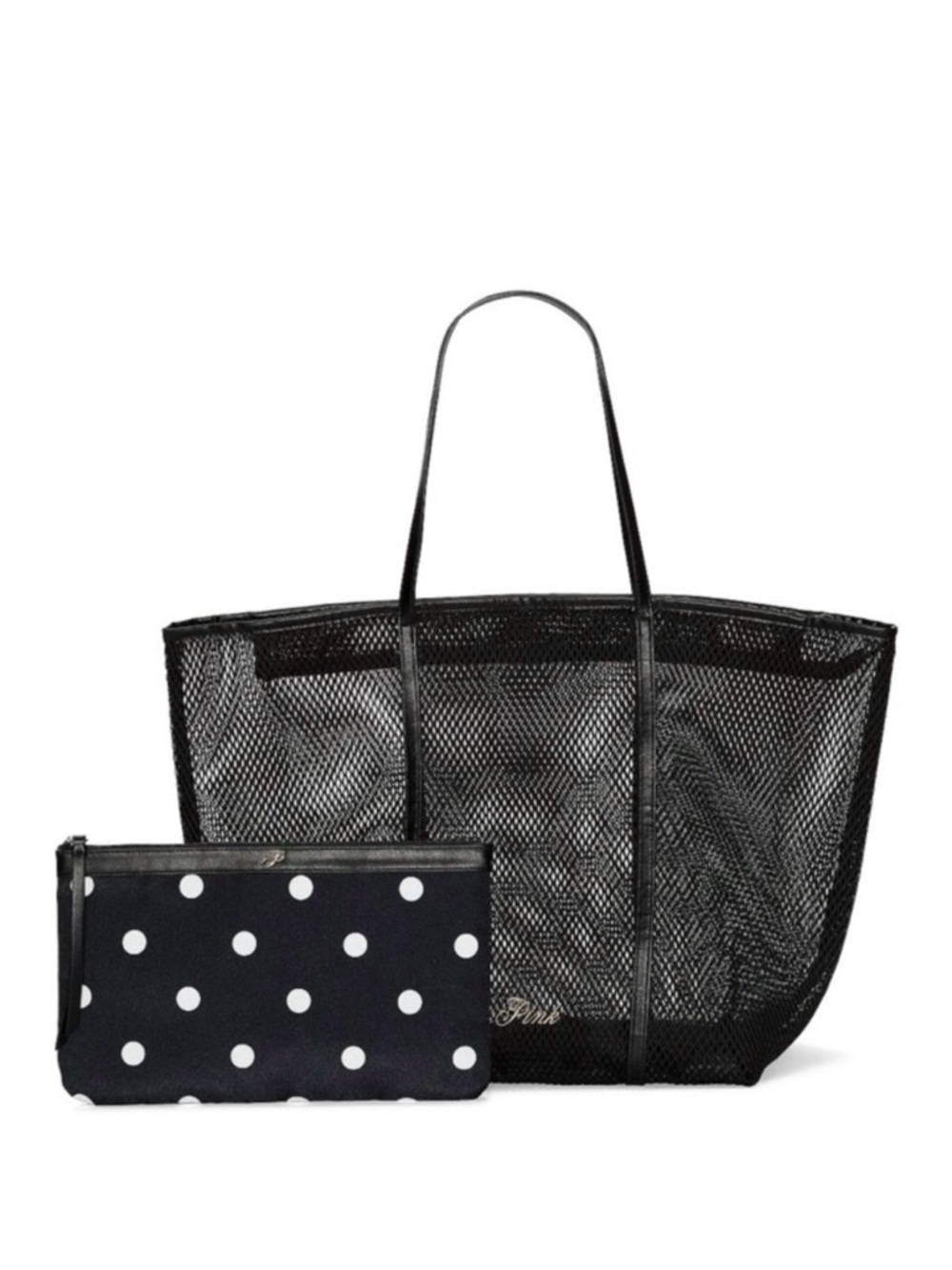 Victoria's Secret Black Mesh Tote with Black & White Polka Dot Pouch NWT